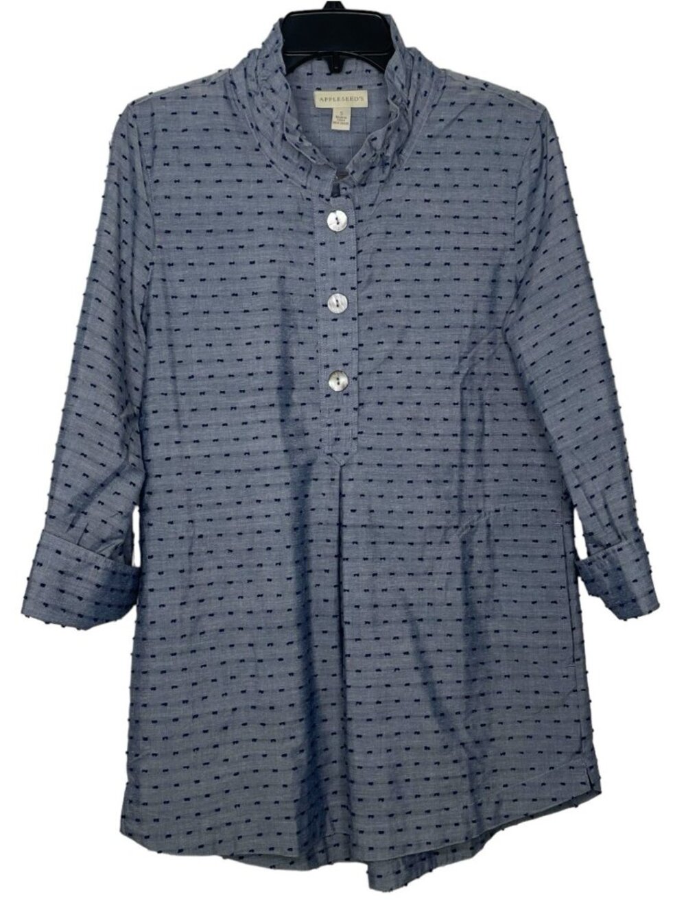 Appleseed's Womens Tunic Size Small Clip-Dot 3/4 Sleeve Ruffled Collar Side Slit